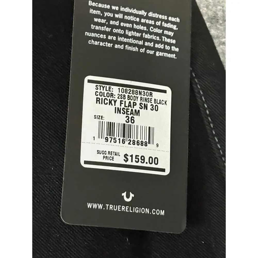 NWT True Religion Ricky FLap Jeans Body Rinse Black Style 108288N30R Sz 36/30